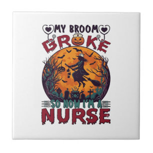 Broom Broke Nurse Halloween Witch Full Moon Bats_1 Tile