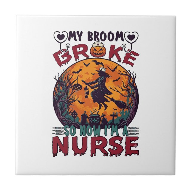 Broom Broke Nurse Halloween Witch Full Moon Bats_1 Tile (Front)