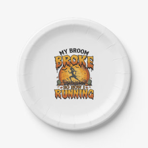Broom Broke So Now Running Halloween Witch Moon_1 Paper Plate