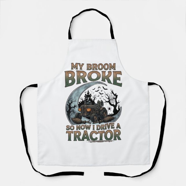 Broom Broke Tractor Pumpkin Haunted House Moon Apron (Front)