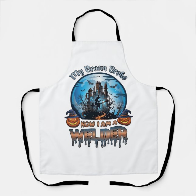 Broom Broke Welder Witch Factory Pumpkins Hallowee Apron (Front)
