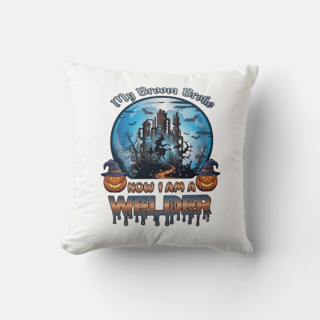 Broom Broke Welder Witch Factory Pumpkins Hallowee Cushion (Front)