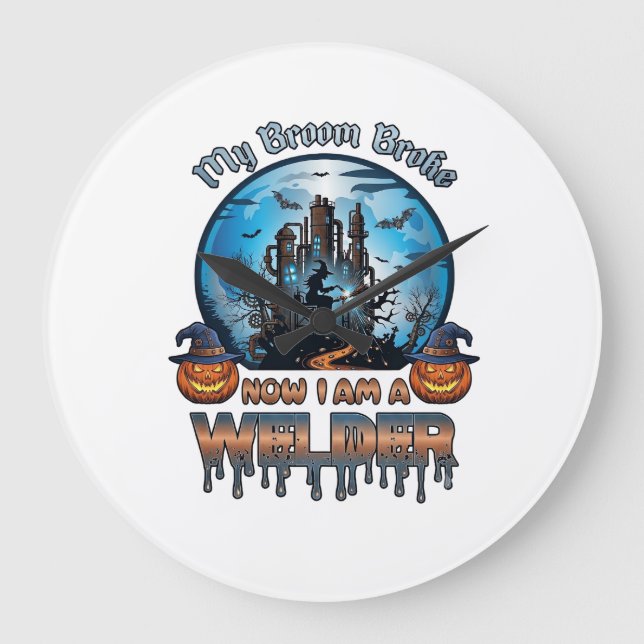 Broom Broke Welder Witch Factory Pumpkins Hallowee Large Clock (Front)