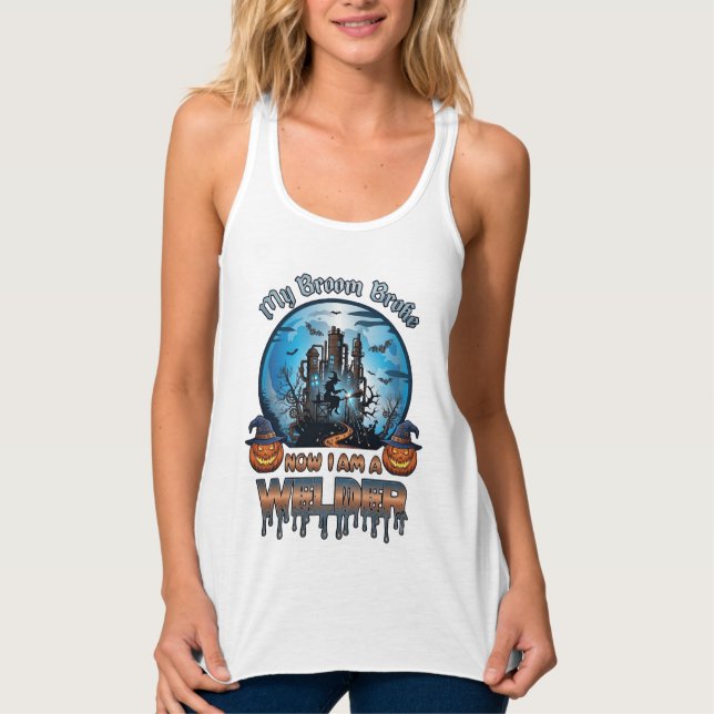 Broom Broke Welder Witch Factory Pumpkins Hallowee Singlet (Front)