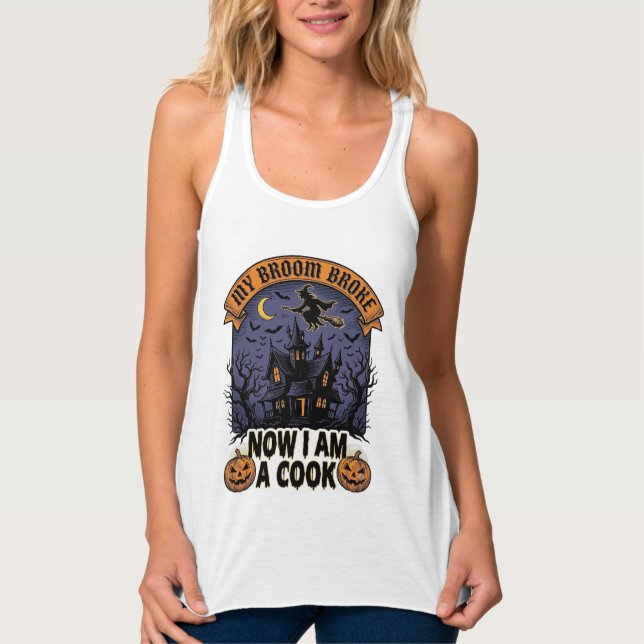 Broom Broke Witch Halloween Cook Pun_1 Singlet (Front)