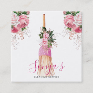 Broom Cleaning Service Floral Watercolor Square Business Card