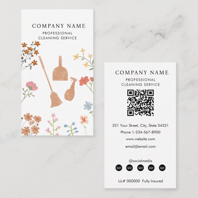 Broom Dustpan Floral Professional Cleaning Service Business Card (Front/Back)