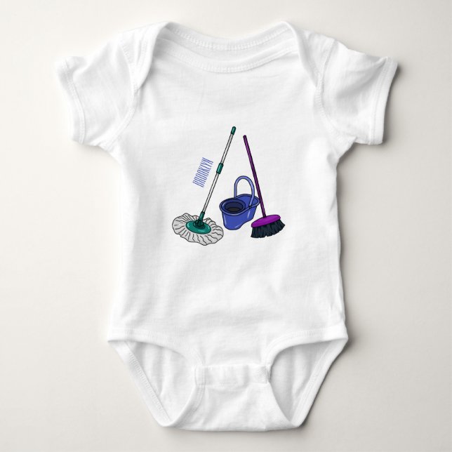 Broom & mop cartoon illustration baby bodysuit (Front)