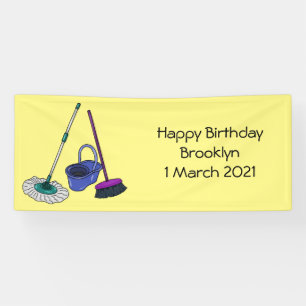 Broom & mop cartoon illustration banner