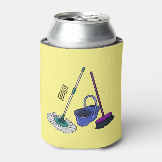 Broom & mop cartoon illustration can cooler (Can Front)