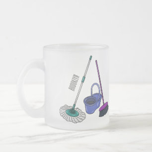 Broom & mop cartoon illustration frosted glass coffee mug