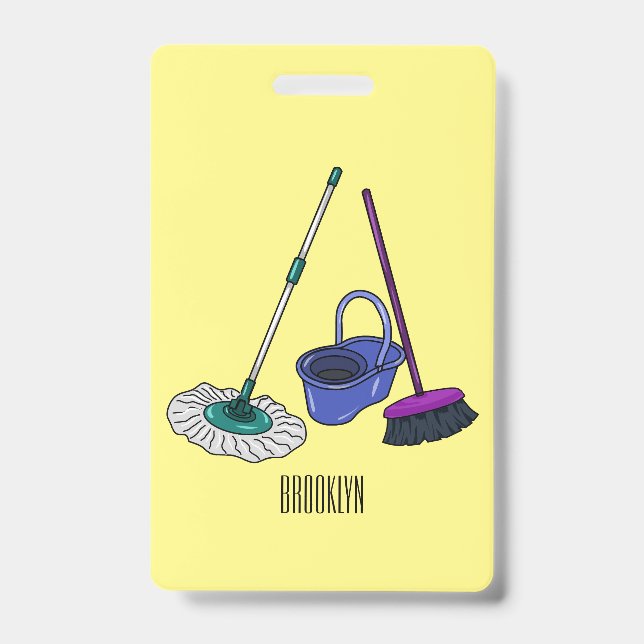 Broom & mop cartoon illustration ID badge (Front)