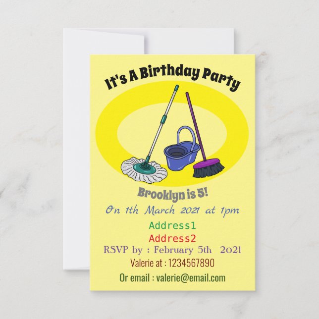 Broom & mop cartoon illustration invitation (Front)