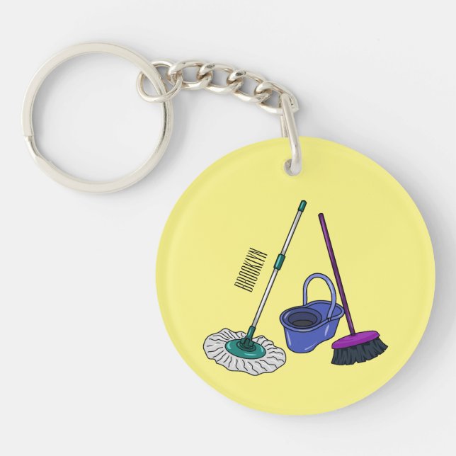 Broom & mop cartoon illustration key ring (Front)