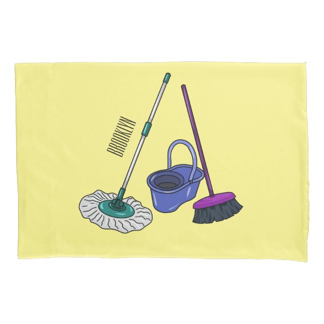 Broom & mop cartoon illustration pillowcase (Front)