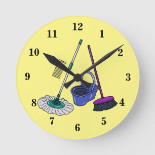 Broom & mop cartoon illustration round clock
