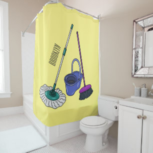 Broom & mop cartoon illustration shower curtain