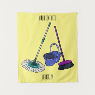 Broom & mop cartoon illustration tapestry