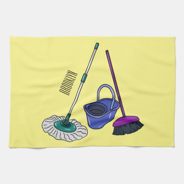 Broom & mop cartoon illustration tea towel (Horizontal)