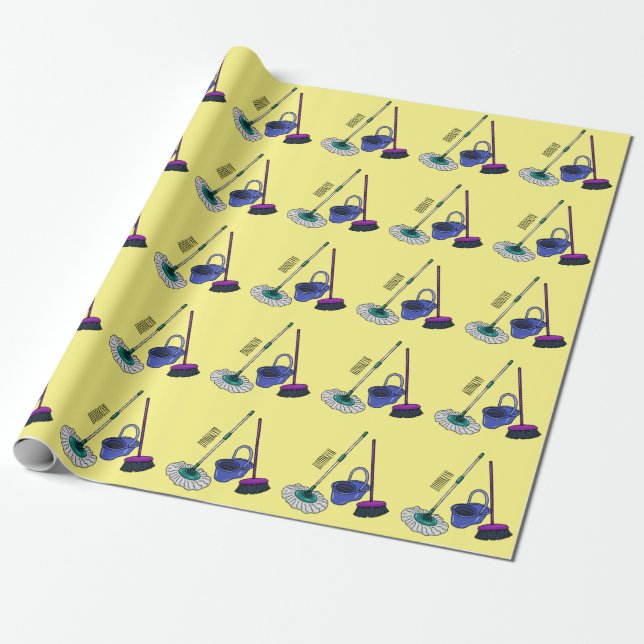 Broom & mop cartoon illustration wrapping paper (Unrolled)