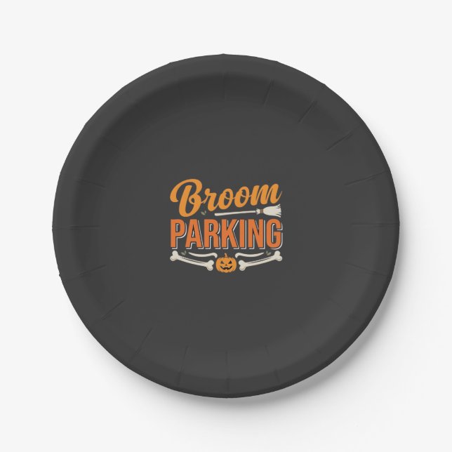 Broom Parking Halloween Vector Design_1 Paper Plate (Front)