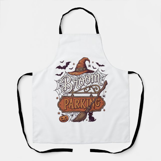 Broom Parking Halloween Witch Hat Broomstick Black Apron (Front)