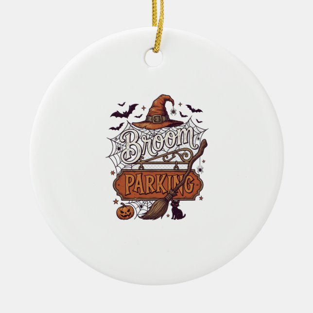 Broom Parking Halloween Witch Hat Broomstick Black Ceramic Tree Decoration (Front)