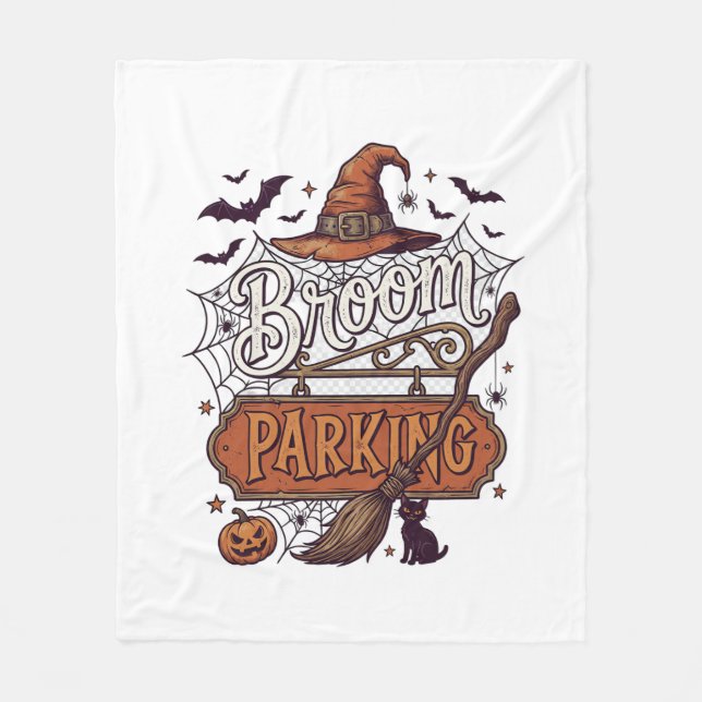 Broom Parking Halloween Witch Hat Broomstick Black Fleece Blanket (Front)