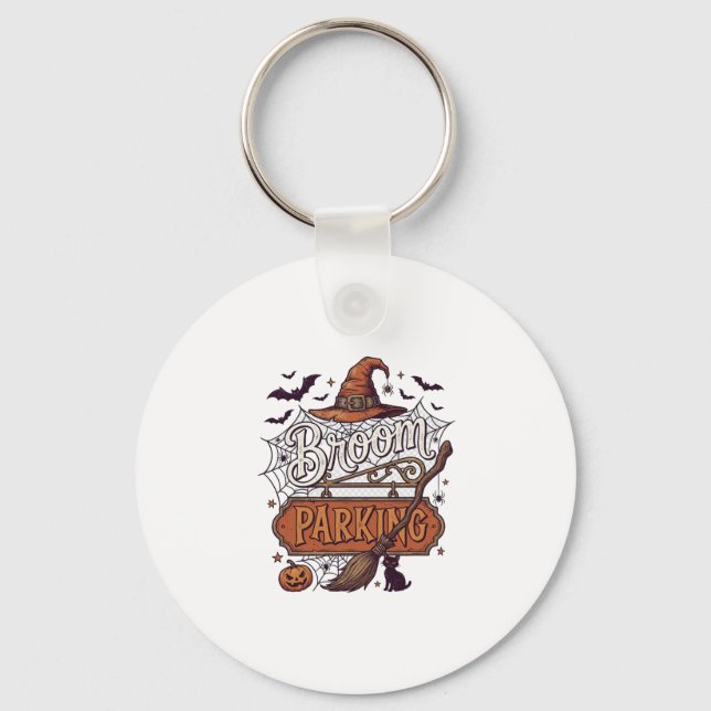 Broom Parking Halloween Witch Hat Broomstick Black Key Ring (Front)