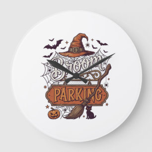 Broom Parking Halloween Witch Hat Broomstick Black Large Clock