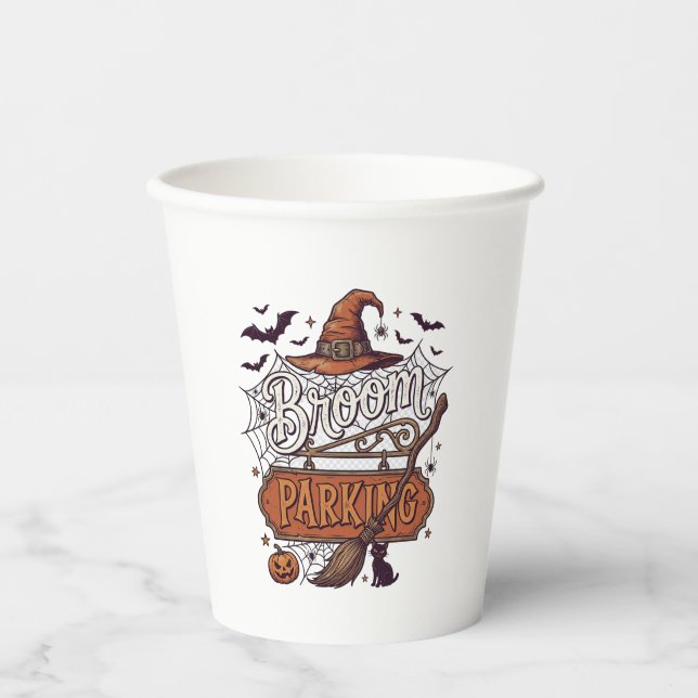 Broom Parking Halloween Witch Hat Broomstick Black Paper Cups (Front)