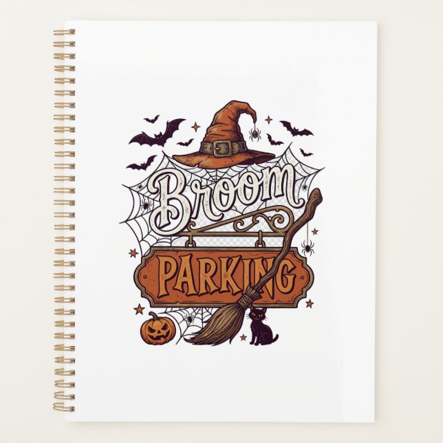 Broom Parking Halloween Witch Hat Broomstick Black Planner (Front)