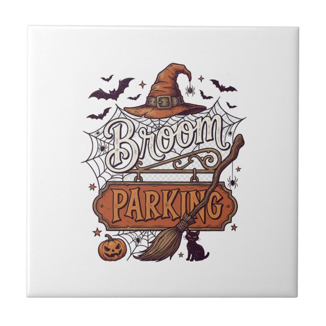 Broom Parking Halloween Witch Hat Broomstick Black Tile (Front)