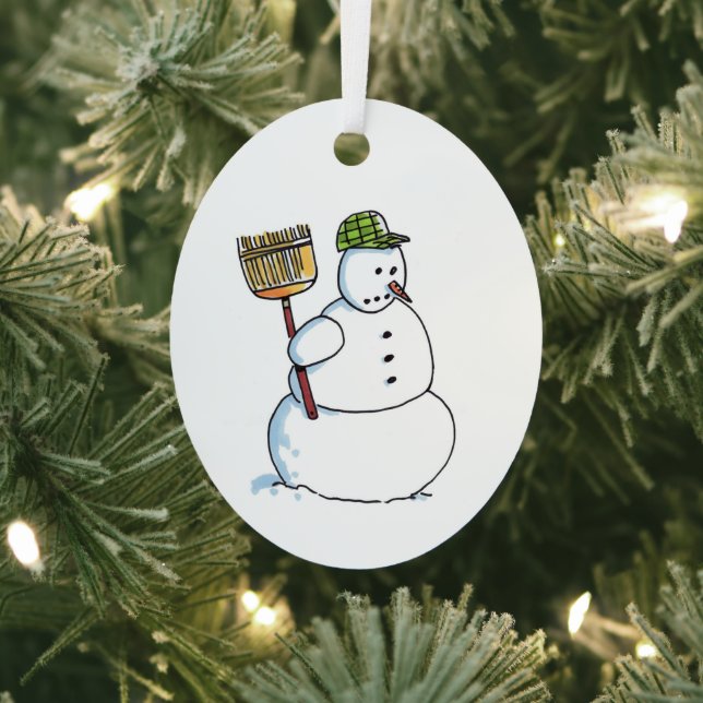 Broom Snowman oval metal ornament (Insitu)