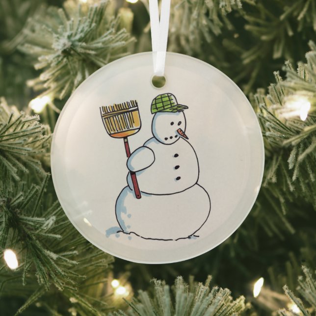 Broom Snowman round glass ornament (Insitu)