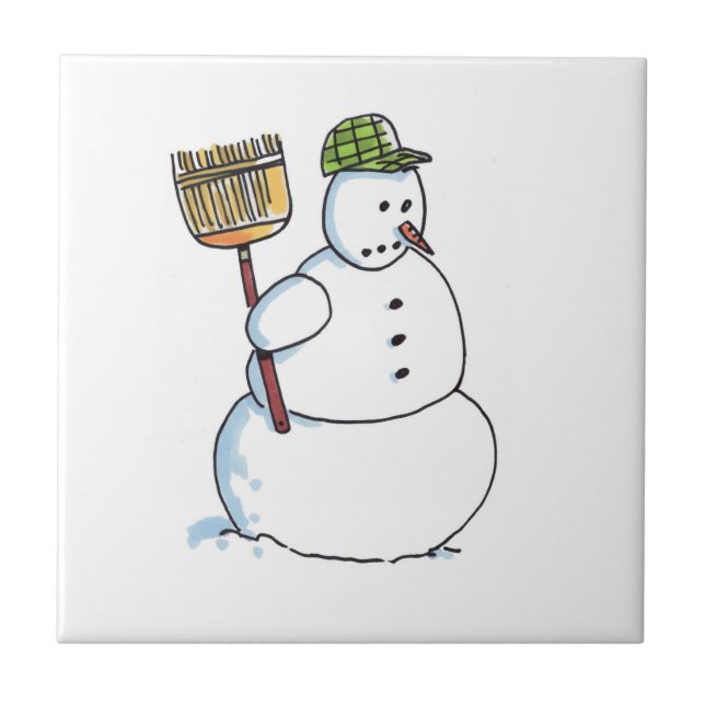 Broom Snowman small ceramic tile (Front)