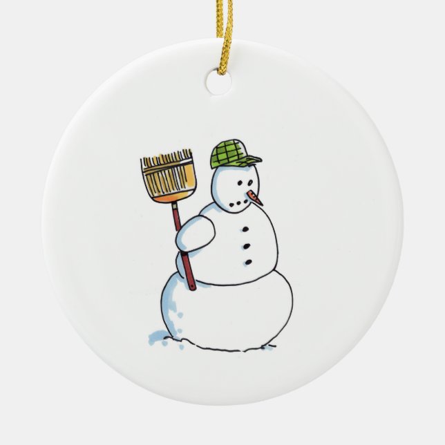 Broom Snowman white ceramic Christmas ornament (Front)