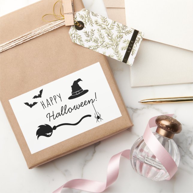 Broom, Witch's Hat, Bats And Spider Halloween Rectangular Sticker (Gifting)