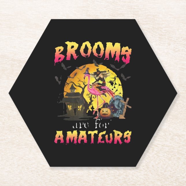 Brooms Are For Flamingo Halloween Paper Coaster (Front)