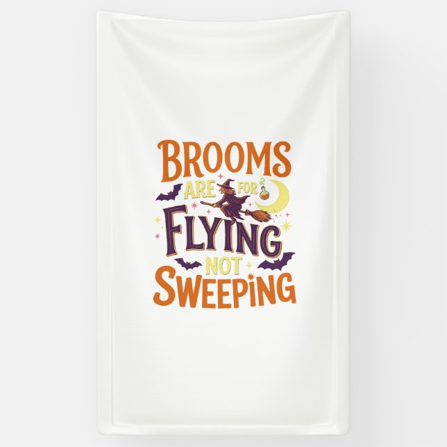 Brooms Flying Sweeping Halloween Witch Moon Bats Banner (Vertical)