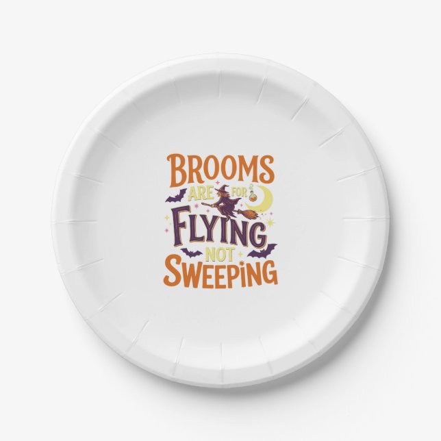 Brooms Flying Sweeping Halloween Witch Moon Bats Paper Plate (Front)