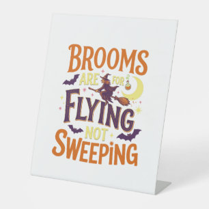 Brooms Flying Sweeping Halloween Witch Moon Bats Pedestal Sign