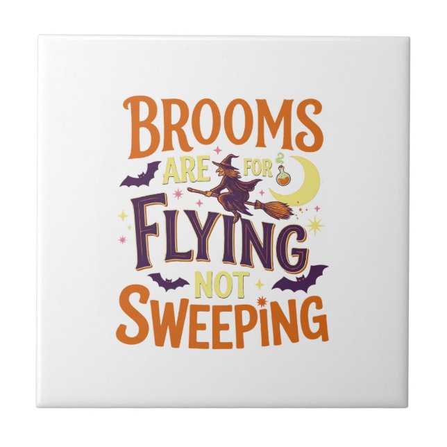 Brooms Flying Sweeping Halloween Witch Moon Bats Tile (Front)