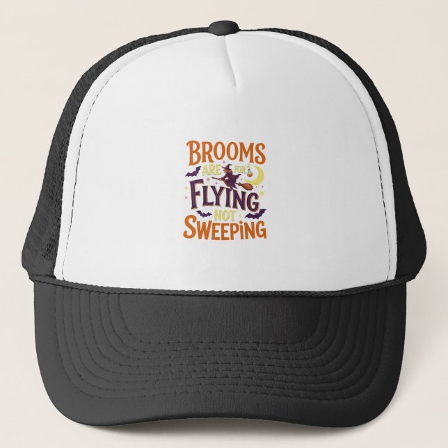 Brooms Flying Sweeping Halloween Witch Moon Bats Trucker Hat (Front)