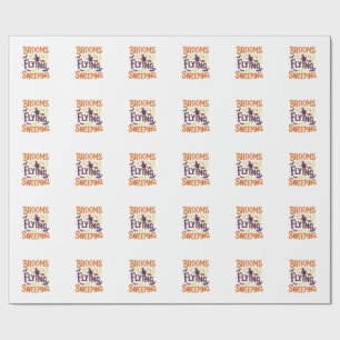 Brooms Flying Sweeping Halloween Witch Moon Bats Wrapping Paper