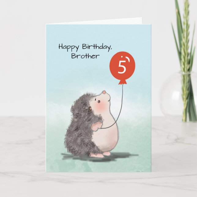 Brother 5th Birthday Cute Hedgehog with Balloon Card (Front)
