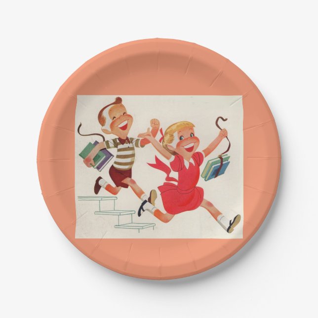 brother and sister on their way to school paper plate (Front)