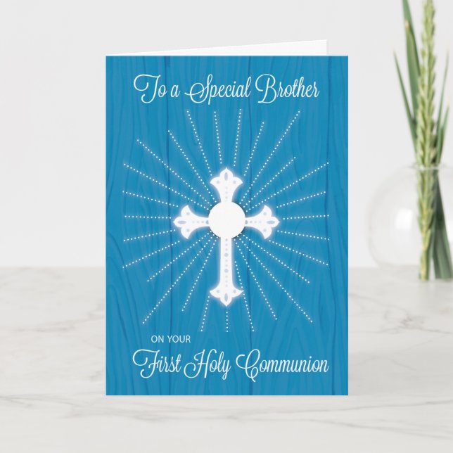 Brother First Communion Cross and Rays on Blue Card (Front)