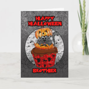 brother halloween cupcake cat, grey tabby card
