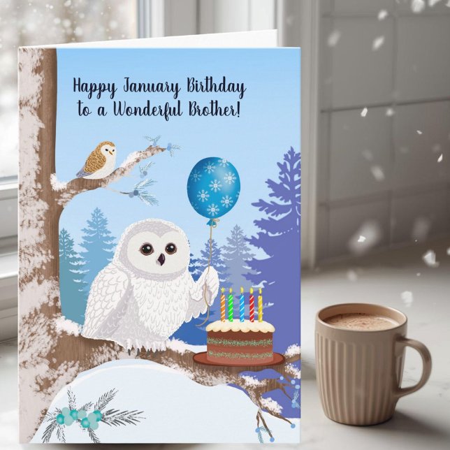 Brother Happy January Birthday Snowy Owl Card (Creator Uploaded)